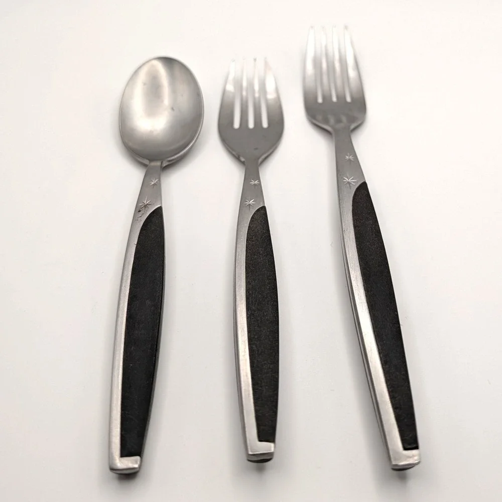 Vintage Stainless Japan Flatware MCM Starburst Black Handle 3pc Set Atomic Fork